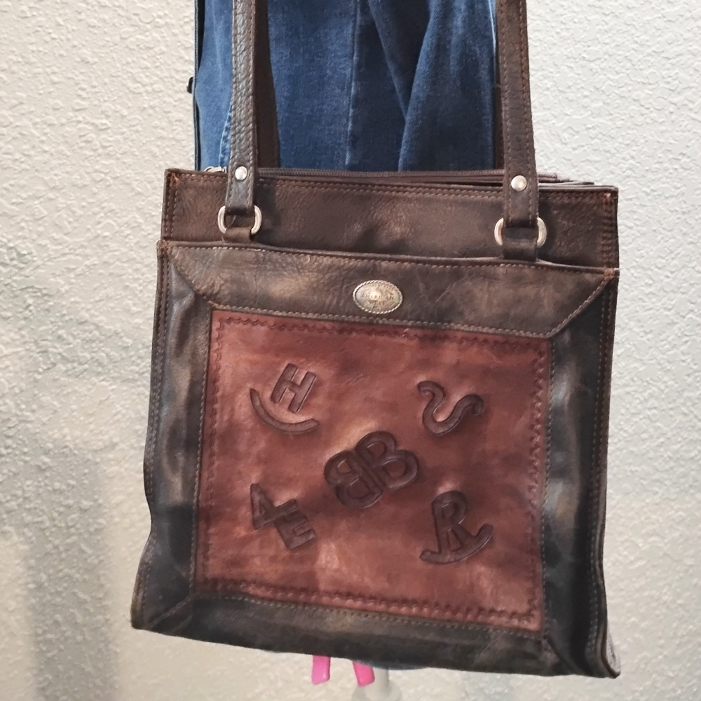 American West Brown Leather Tote Shoulder Bag Hand Tooled Roomy